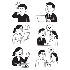 Set of six hand-drawn illustrations depicting various business and communication scenarios.
