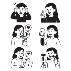Hand Drawn Illustrations of a Woman in Various Communication and Social Media Poses.
