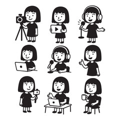 Set of Cartoon Girl Character Illustrations for Social Media Marketing.
