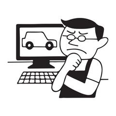 Man thinking about car on computer screen.
