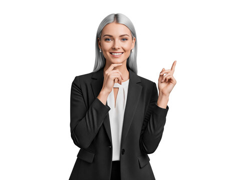 Cheerful young professional woman pointing upward, presenting an idea or direction