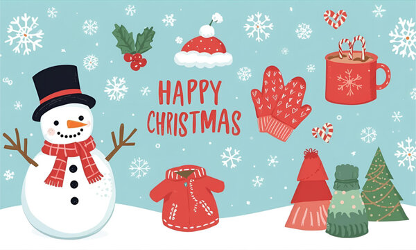 christmas card with snowman - Powered by Adobe