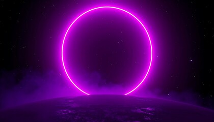 Neon pink ring portal over a dark planet