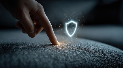 A finger touches a fabric surface with a glowing shield icon symbolizing security and protection in a digital or virtual context.