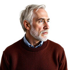 Reflective older man in sweater indoor setting portrait photography soft lighting thoughtful mood