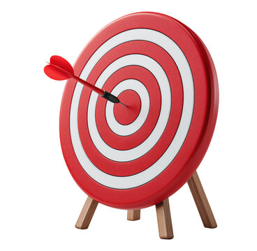 Red and white target bullseye with red arrow hitting center on wooden stand isolated on transparent background