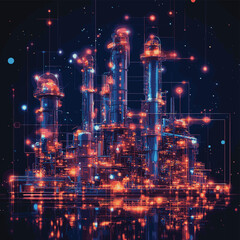Futuristic oil refinery at night with glowing digital network overlay. It can represent technology, energy, industry, or future development. , vector style simple color