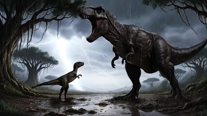 tyrannosaurus rex confronts small dinosaur lightning storm - Powered by Adobe