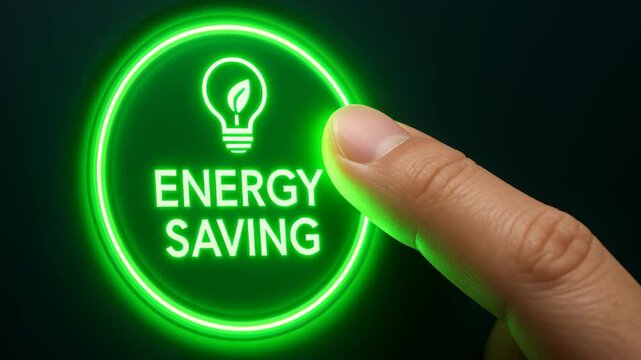 Close up of finger pressing glowing green button for energy saving, highlighting eco friendly choices and promoting sustainability in daily life