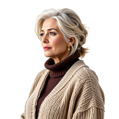 Elegant woman posing in cozy knitted sweater indoor studio portrait photography bright lighting fashion concept