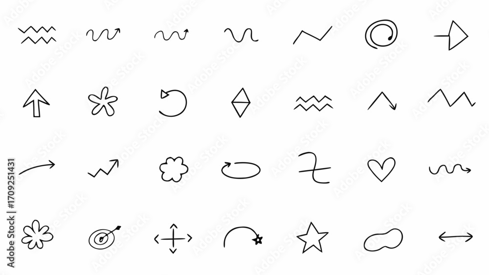 Poster vector collection of hand drawn doodle arrows and shapes in various styles and orientations on a whi
