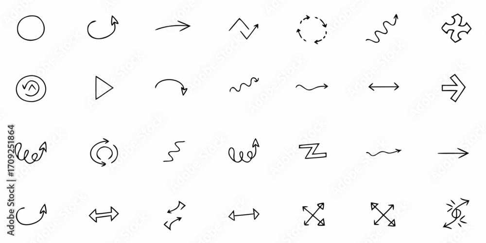 Poster vector illustration of various hand drawn arrow designs pointing in different directions and circula