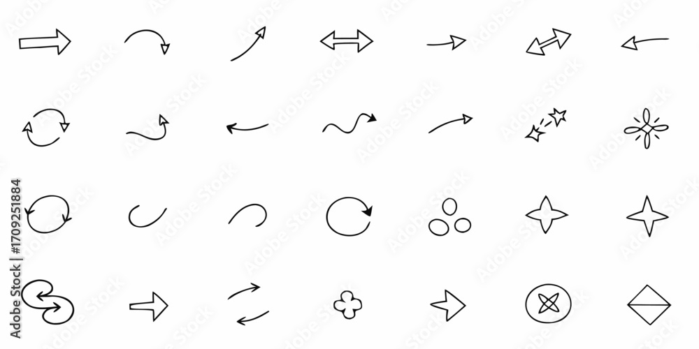 Poster vector illustration of various hand drawn arrows and star shapes in a grid pattern on a white backgr