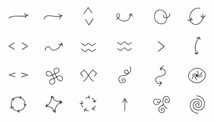 Vector collection of hand drawn arrows and directional symbols in various styles and orientations on white background