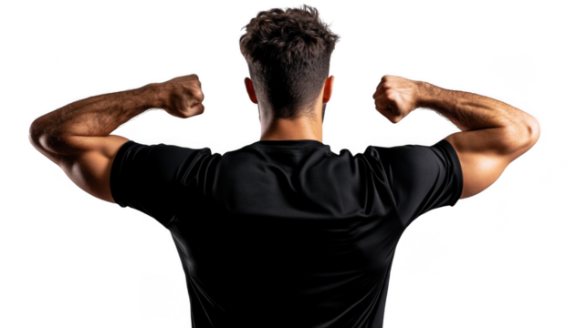 Back view of a muscular man in a black shirt flexing his arms against a black background in studio light