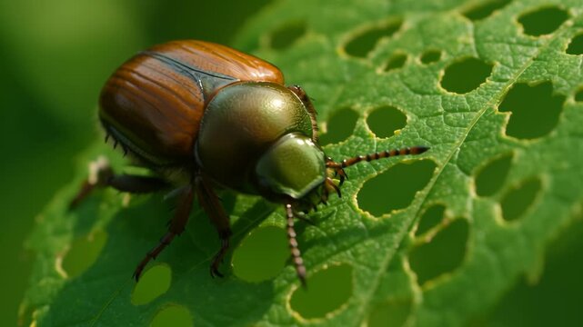 Close Up of Green and Brown Beetle on Leaf, Showcasing Intricate Details and Textures, Celebrating Natures Beauty in Macro Insect Photography