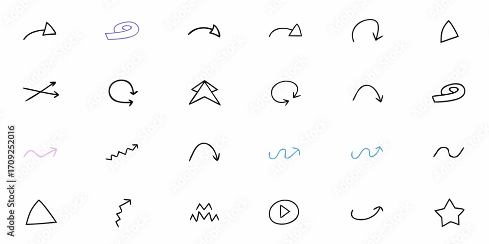 Poster vector collection of hand drawn arrows and shapes including triangles circles stars and zigzags on w