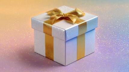 Elegant White Gift Box with Golden Ribbon on a Soft Colorful Background Perfect for Celebrations and Holiday Promotions
