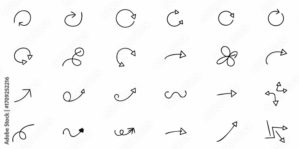 Poster vector collection of various hand drawn arrow designs in black ink on a white background in a grid f