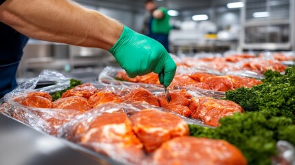 A gloved hand carefully prepares packages of fresh, raw meat in a commercial kitchen setting