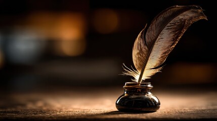 Vintage Ink Bottle with Feather Quill on Wooden Table in Warm Ambient Light