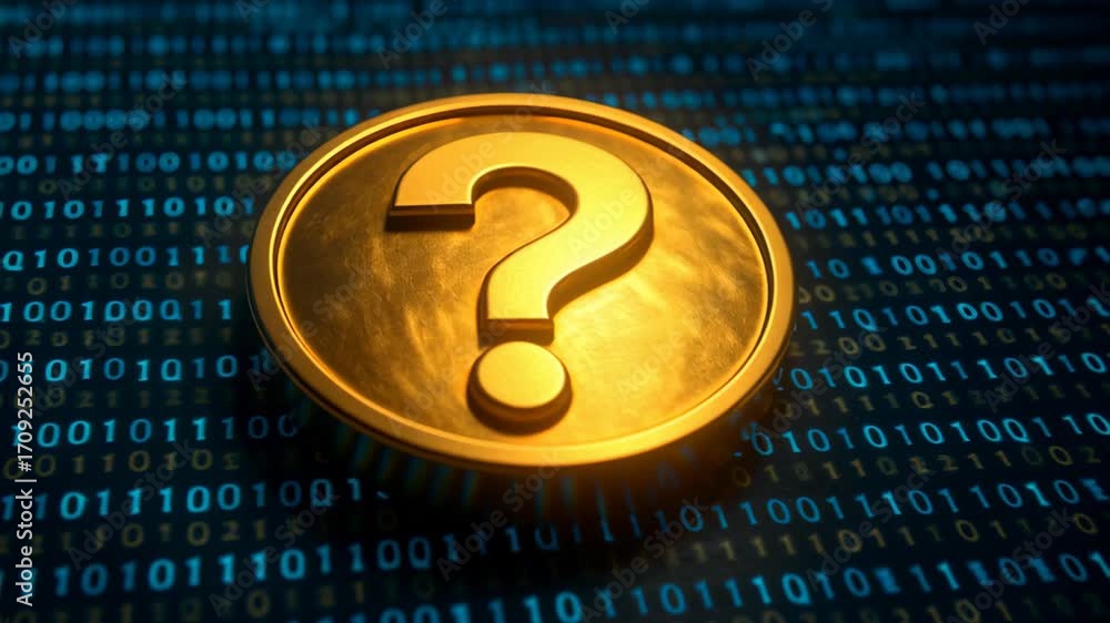 Poster Digital Gold Coin Question Mark on Binary Code Background Symbolizes Uncertainty in Technology and Finance