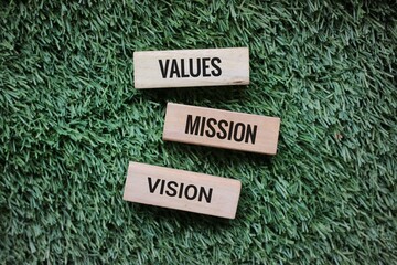 Wooden blocks showing the words Values, Vision, and Mission placed on a green grass background emphasizing organizational goals and principles.