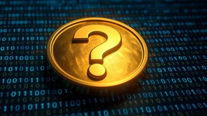 Digital Gold Coin Question Mark on Binary Code Background Symbolizes Uncertainty in Technology and Finance - Powered by Adobe