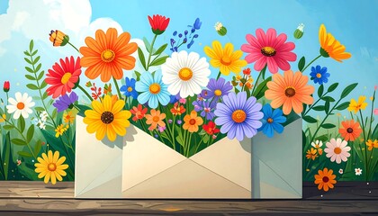 A cheerful bouquet of flowers spilling from an open envelope, set against a backdrop of a grassy meadow and a clear blue sky. Bright colors and a spring-like feel