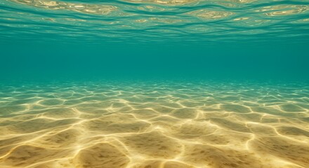 Naklejka premium Underwater View of Clear Shallow Ocean Water with Sunlight Reflections and Sandy Bottom