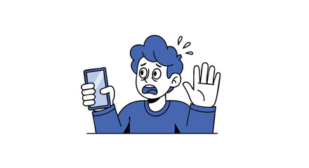 Anxious Cartoon Man Looking at His Smartphone in Shock, with Hand Raised