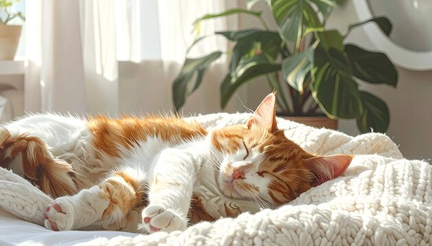 Content Ginger Cat Sleeping on White Knitted Blanket with Houseplant in Background Warm Sunlight Indoor Peaceful Scene