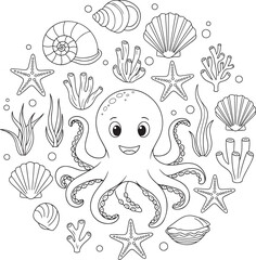 Naklejka premium Detailed Line Art of Happy Octopus with Ocean Props.