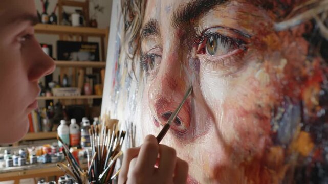 Artisan's Touch: An artist delicately applies the final brushstrokes to a stunning portrait, meticulously blending colors and textures to bring the subject to life.