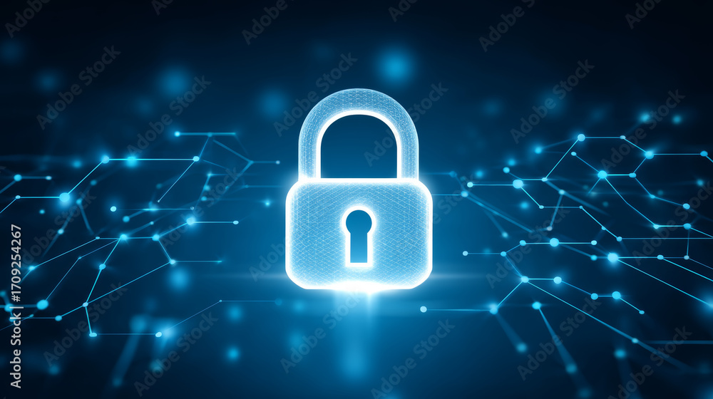 Poster social media safety online concept with glowing digital lock symbolizing secure network and data pro