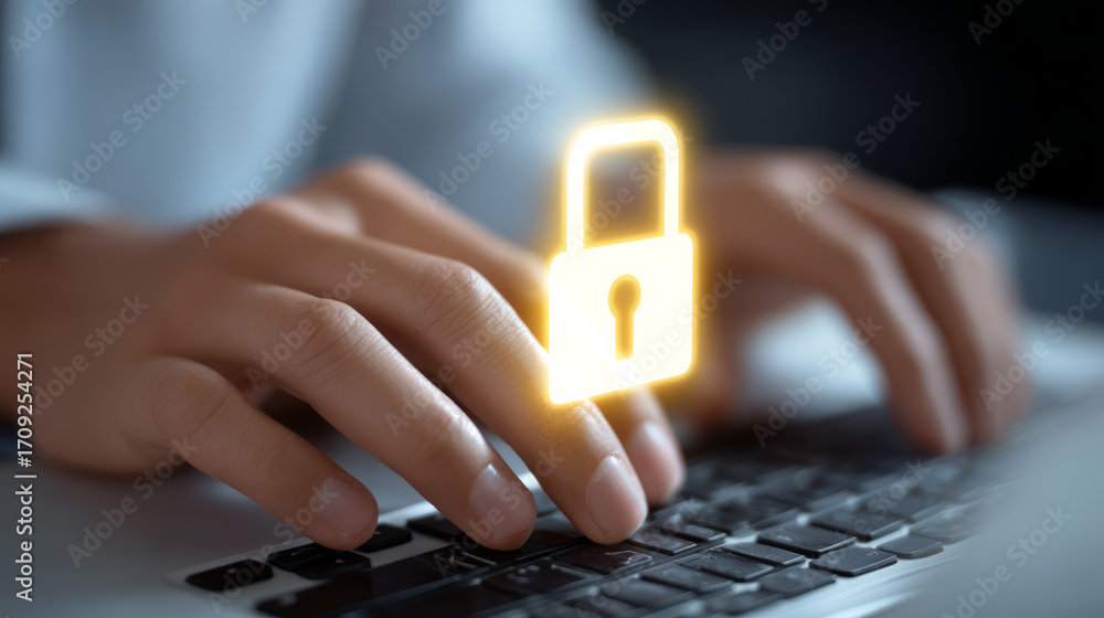 Poster online security concept with hands typing on keyboard and glowing lock icon symbolizing social media