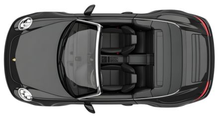 Overhead view of a modern black convertible car isolated on transparent background