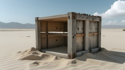 Wooden box partially buried in the desert sand against a backdrop of mountains and a beautiful blue sky