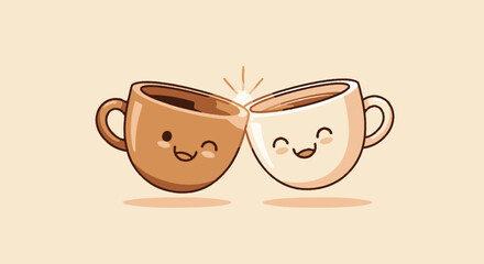 Whimsical Coffee Toast Illustration Featuring Cute Cartoon Coffee Cups with Smiling Faces, Perfect for Cafe Menus, Food Blogs, and Social Media Marketing