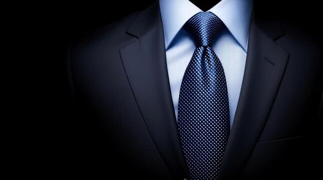 A close-up of a stylish man's torso in a dark suit with a light blue shirt and a patterned dark blue tie against a black background.