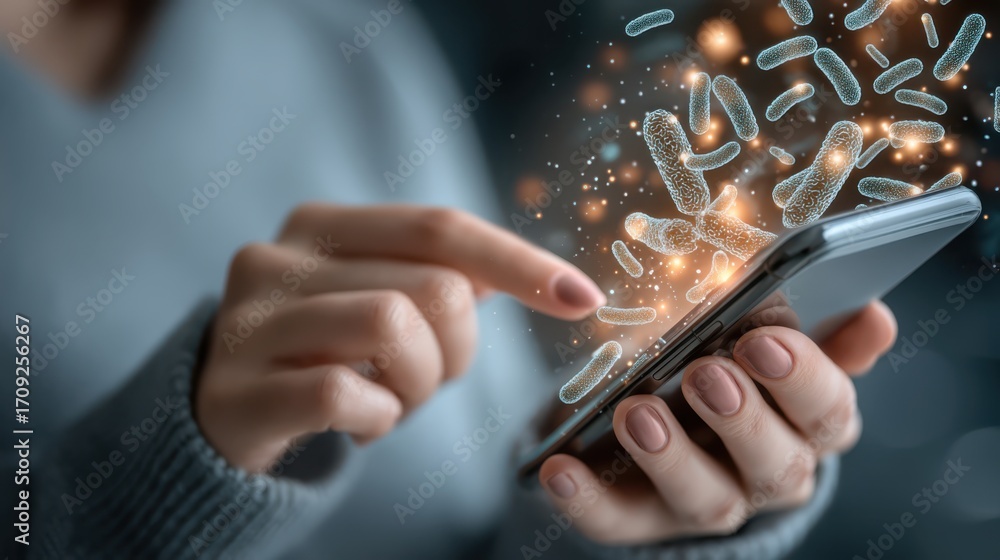 Poster a person interacts with a smartphone as animated bacteria and viruses visually emerge from the scree
