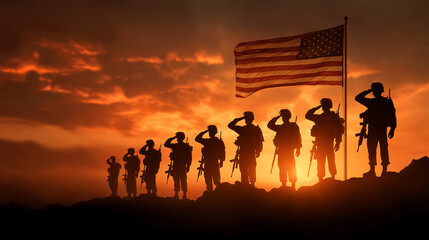 Veterans day honoring military soldiers with american flag at sunset