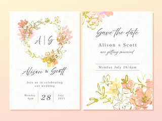 Wedding invitation card design set with minimal botanical line art and abstract  wild flowers painted in watercolor. Hand drawn card template set with elegant flowers.