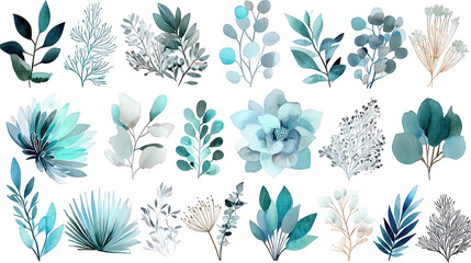 Collection Of Teal Blue Watercolor Botanical Elements