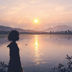 Fototapeta premium Girl at Sunset Lake