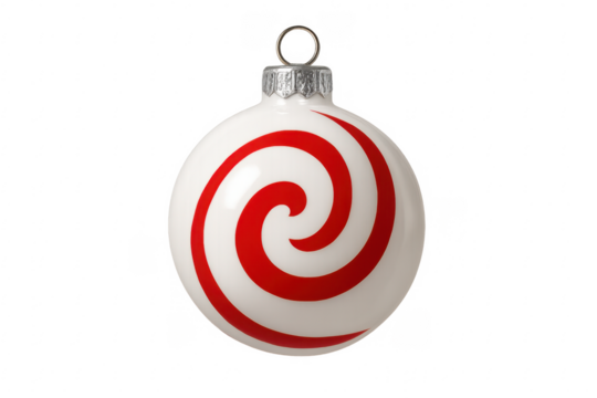 White christmas ball with red swirls ornament hanging on transparent background