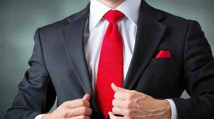 Close-up of a businessman in a black suit with a red tie and pocket square. - Powered by Adobe