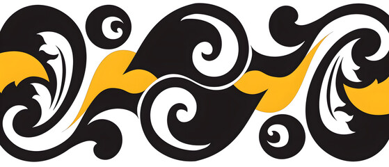 Fototapeta premium Bold black white and yellow swirling ornamental border pattern graphic design