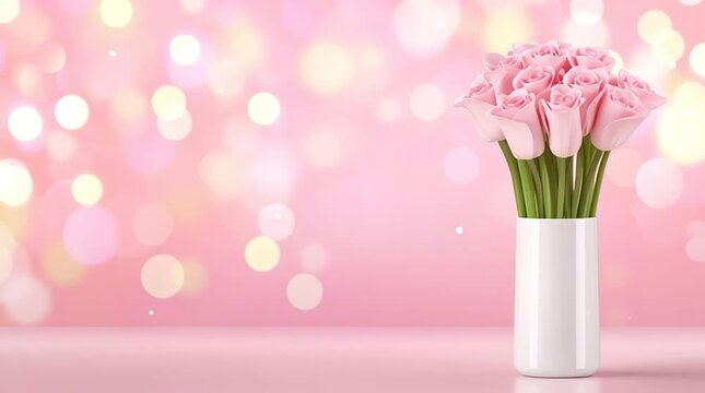 A beautiful bouquet of pink roses in a white vase against a soft pink background with bokeh lights.