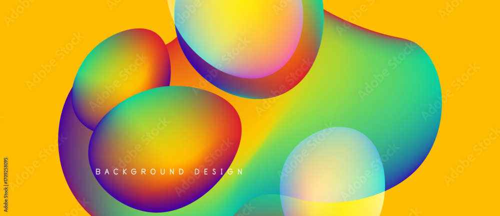 Poster abstract colorful shapes overlap yellow backdrop. fluid gradients create vibrant visual effect. mode